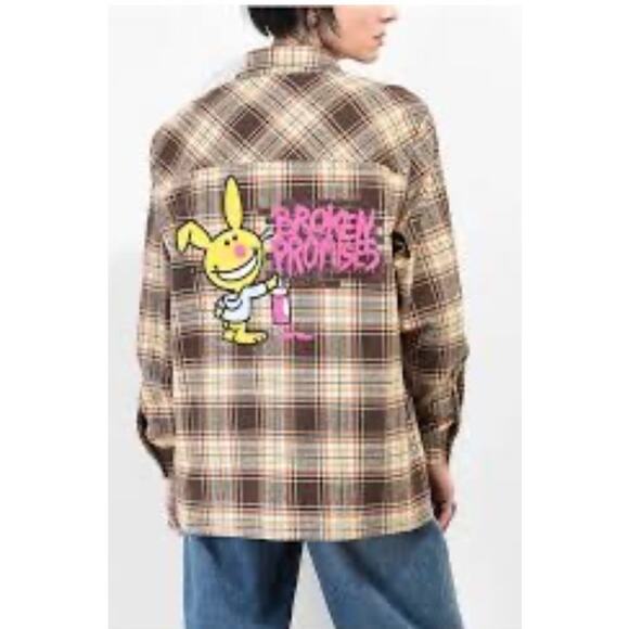 Broken Promises X Happy Bunny Grafitti Flannel Button Front Shirt sz LG - Picture 1 of 11